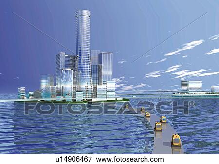 Stock Illustration - Imaginary marine city, Illustration, CG. Fotosearch