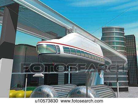 Imaginary monorail train, Illustration, CG, Low Angle View View Large Illustration Clipart - Imaginary monorail train, Illustration, CG, Low Angle View. Fotosearch