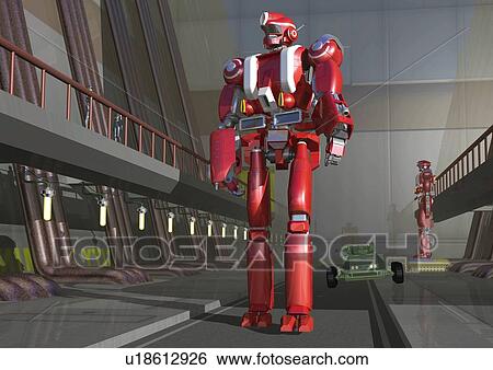 Stock Illustration - Imaginary robots, Illustration, CG, Low Angle View. Fotosearch
