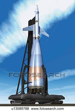Stock Illustration - Imaginary space rocket, Illustration, CG, Low Angle View. Fotosearch