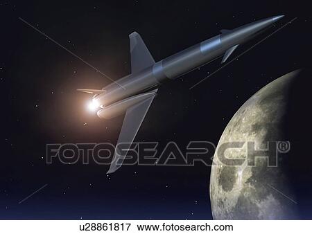 Stock Illustration - Imaginary space rocket, Illustration, CG, Low Angle View, Lens Flare. Fotosearch