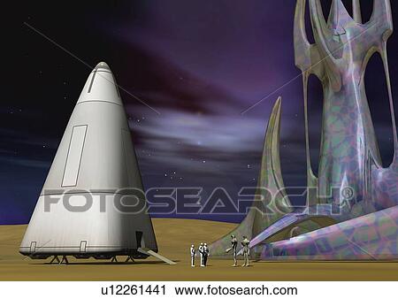 Clip Art - Imaginary space ship landed, Illustration, CG. Fotosearch