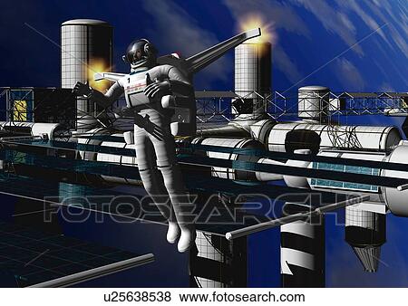 Imaginary space station and astro, Illustration, CG View Large Illustration Stock Illustration - Imaginary space station and astro, Illustration, CG. Fotosearch