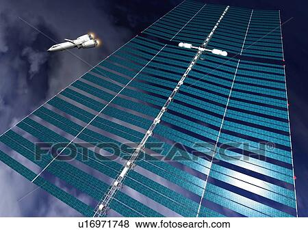 Imaginary space station, Illustration, CG, High Angle View View Large Illustration Stock Illustration - Imaginary space station, Illustration, CG, High Angle View. Fotosearch