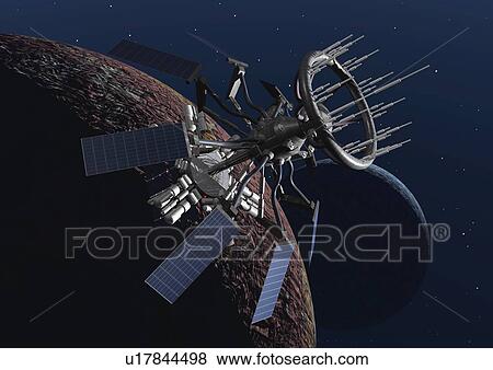 Imaginary space station, Illustration, CG, Close Up View Large Illustration Stock Illustration - Imaginary space station, Illustration, CG, Close Up. Fotosearch