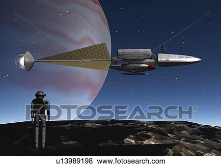 Imaginary spacecraft and astro, Illustration, CG, Low Angle View View Large Illustration Stock Illustration - Imaginary spacecraft and astro, Illustration, CG, Low Angle View. Fotosearch