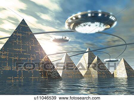 Stock Illustration - Imaginary spacecraft and pyramids, Illustration, CG, Low Angle View. Fotosearch