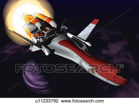 Drawing - Imaginary spacecraft, Illustration, CG, Close Up, High Angle View. Fotosearch