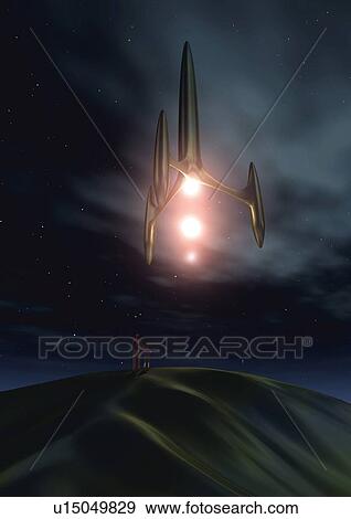 Imaginary spacecraft, Illustration, CG, Low Angle View View Large Illustration Stock Illustration - Imaginary spacecraft, Illustration, CG, Low Angle View. Fotosearch