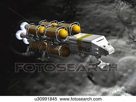 Stock Illustration - Imaginary spacecraft, Illustration, CG, Close Up, High Angle View. Fotosearch