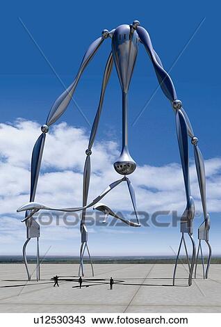 Imaginary spider like robot, Illustration, CG, Low Angle View View Large Illustration Drawing - Imaginary spider like robot, Illustration, CG, Low Angle View. Fotosearch