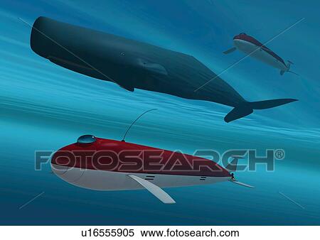 Stock Illustration - Imaginary submarine and whales, Illustration, CG, Low Angle View. Fotosearch