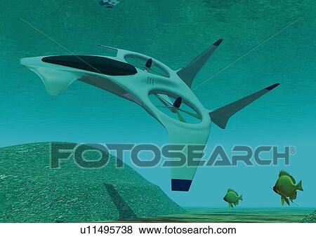 Stock Illustration - Imaginary submarine, Illustration, CG, Low Angle View. Fotosearch