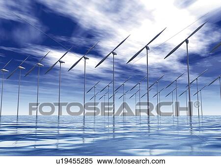 Stock Illustration - Large group of wind power generators, Illustration, CG, Low Angle View. Fotosearch