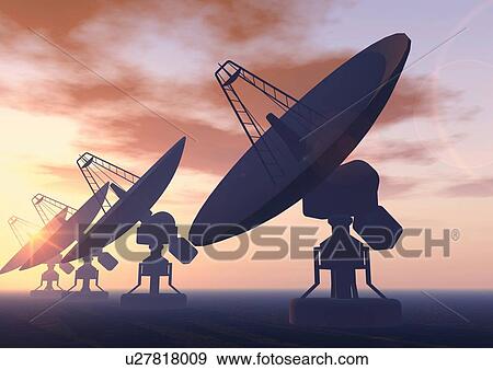 Stock Illustration - Parabolic antennas, Illustration, CG, Low Angle View, Lens Flare. Fotosearch