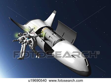Spacecraft and astros, Illustration, CG, High Angle View View Large Illustration Clipart - Spacecraft and astros, Illustration, CG, High Angle View. Fotosearch