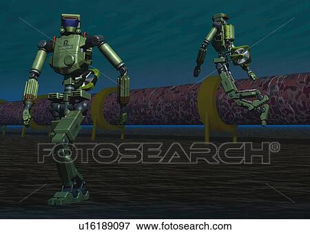 Stock Illustration - Two imaginary robots, Illustration, CG, Close Up. Fotosearch