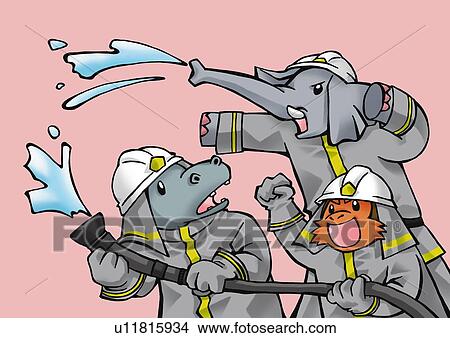 Animal firefighters, elephant, monkey, hippopotamus, front view, pink background View Large Illustration Stock Illustration - Animal firefighters, elephant, monkey, hippopotamus, front view, pink background. Fotosearch