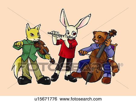 Stock Illustration - Animals playing musical instruments, front view, pink background. Fotosearch