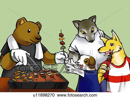 Bear barbecuing and serving dog and wolf, front view, side view, green background View Large Illustration Clipart - Bear barbecuing and serving dog and wolf, front view, side view, green background. Fotosearch