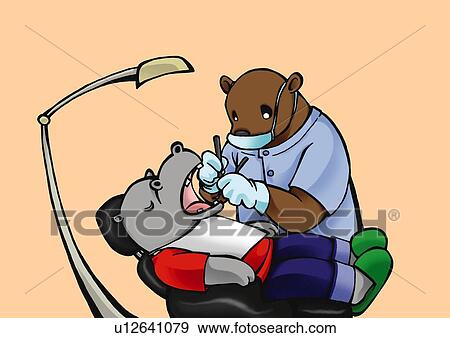 Stock Illustration - Bear dentist examining hippopotamus, front view, side view, pink background. Fotosearch