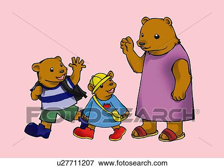 Stock Illustration - Bear waving hand to its children, side view, front view, pink background. Fotosearch