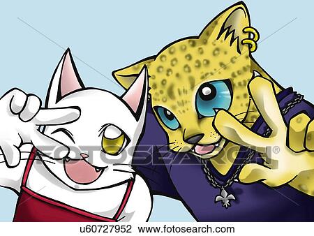 Cat and leopard making peace sign, front view, blue background View Large Illustration Drawing - Cat and leopard making peace sign, front view, blue background. Fotosearch