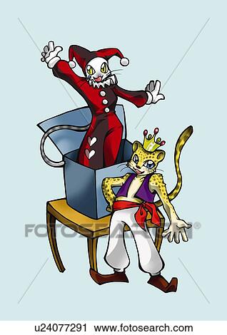 Clip Art - Cat and leopard performing magic, front view, blue background. Fotosearch