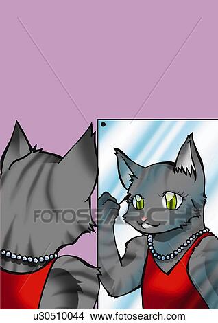 Stock Illustration - Cat applying mascara in front of mirror, rear view, purple background, copy space. Fotosearch