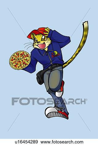 Cheetah running and holding pizza, front view, blue background View Large Illustration Stock Illustration - Cheetah running and holding pizza, front view, blue background. Fotosearch