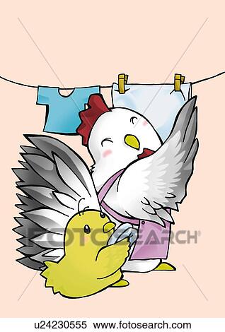 Chicken and chick hanging laundries, side view, pink background View Large Illustration Stock Illustration - Chicken and chick hanging laundries, side view, pink background. Fotosearch