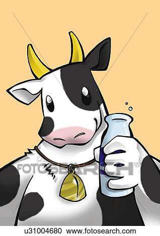 Clipart - Cow holding a bottle of milk, front view, orange background. Fotosearch