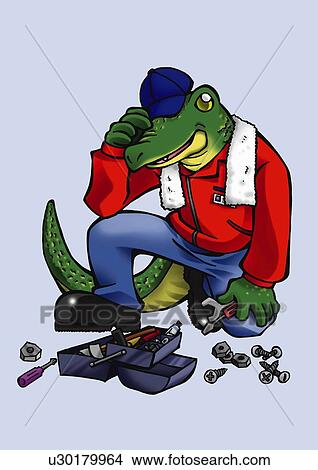 Crocodile and tools, front view, blue background View Large Illustration Stock Illustration - Crocodile and tools, front view, blue background. Fotosearch