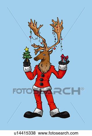 Deer in Santa Claus costume holding present and Christmas tree toy, front view, blue background View Large Illustration Stock Illustration - Deer in Santa Claus costume holding present and Christmas tree toy, front view, blue background. Fotosearch