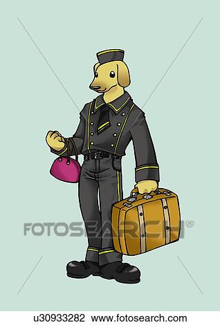 Dog holding bags, front view, blue background View Large Illustration Drawing - Dog holding bags, front view, blue background. Fotosearch
