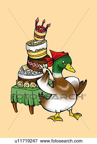 Stock Illustration - Duck standing in front of table with pile of cakes, side view, pink background. Fotosearch