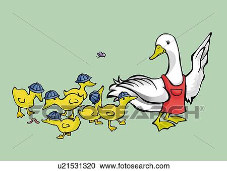 Duck taking care of baby ducks, side view, green background View Large Illustration Clipart - Duck taking care of baby ducks, side view, green background. Fotosearch