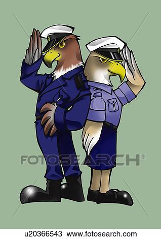 Drawing - Eagles saluting and standing back to back, side view, green background. Fotosearch