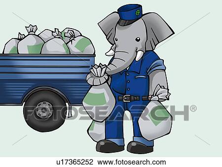 Drawing - Elephant gathering garbage bags, front view, blue background. Fotosearch