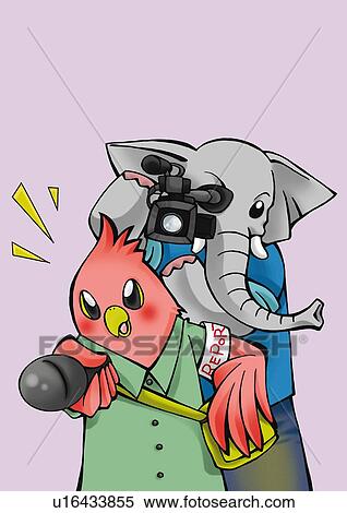 Elephant holding camera and parrot holding microphone, interviewing, front view, purple background View Large Illustration Stock Illustration - Elephant holding camera and parrot holding microphone, interviewing, front view, purple background. Fotosearch
