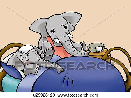 Stock Illustration - Elephant taking care of its child that has a fever and sleeping in bed, high angle view, pink background. Fotosearch