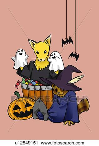 Clip Art - Fox and raccoon in Halloween, front view, side view, pink background. Fotosearch