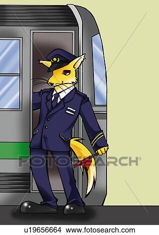 Fox in uniform standing in front of a train at platform, front view, green background View Large Illustration Stock Illustration - Fox in uniform standing in front of a train at platform, front view, green background. Fotosearch
