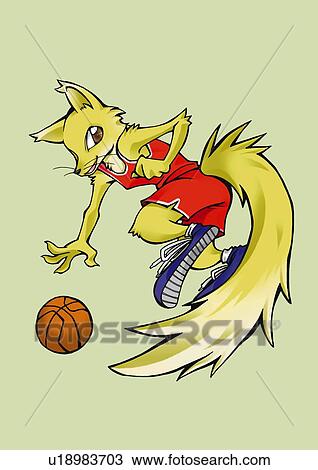 Fox playing basketball, side view, green background View Large Illustration Drawing - Fox playing basketball, side view, green background. Fotosearch
