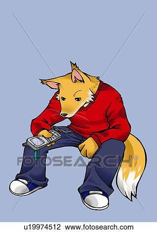 Drawing - Fox sitting and holding a mobile phone, high angle view, blue background, copy space. Fotosearch