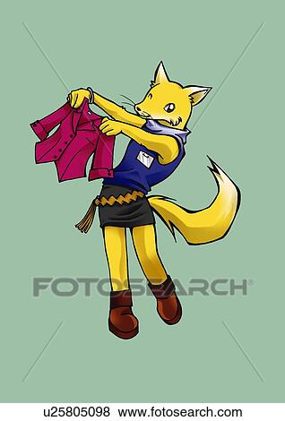 Stock Illustration - Fox winking and holding a cloth, front view, green background. Fotosearch
