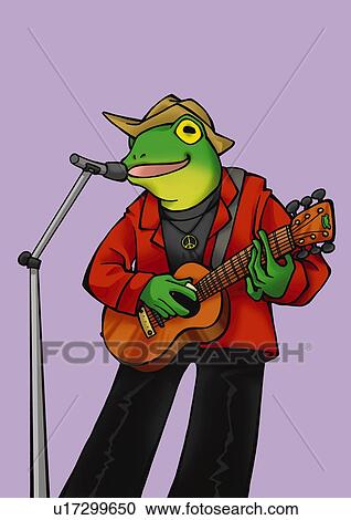Clipart - Frog singing and playing a guitar, low angle view, purple background. Fotosearch