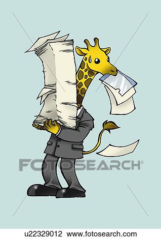 Giraffe holding papers with arms and mouth, side view, blue background View Large Illustration Drawing - Giraffe holding papers with arms and mouth, side view, blue background. Fotosearch