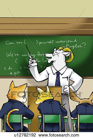 Drawing - Goat teaching English in class, front view, rear view. Fotosearch