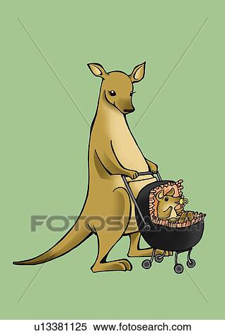 Kangaroo walking with joey in carriage, side view, green background View Large Illustration Stock Illustration - Kangaroo walking with joey in carriage, side view, green background. Fotosearch